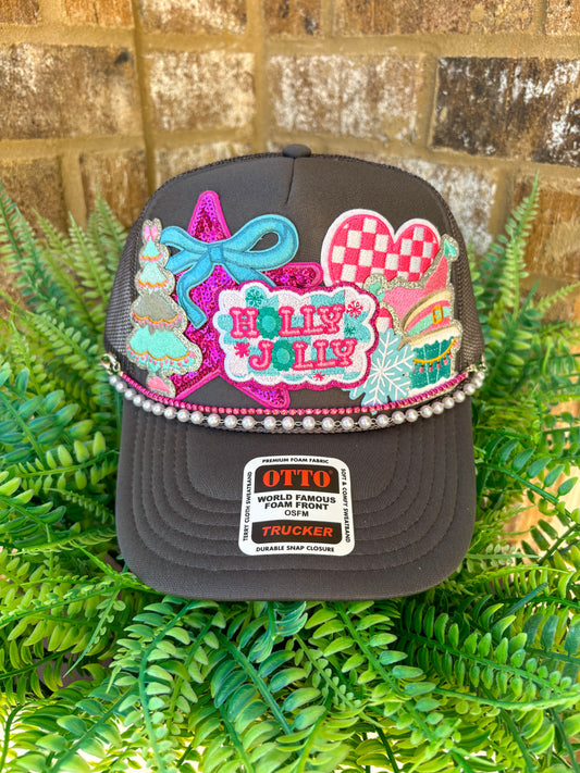 Holly jolly preppy girl turquoise Christmas trucker hat