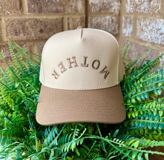 Tan Mother upside down embroidered canvas trucker hat m