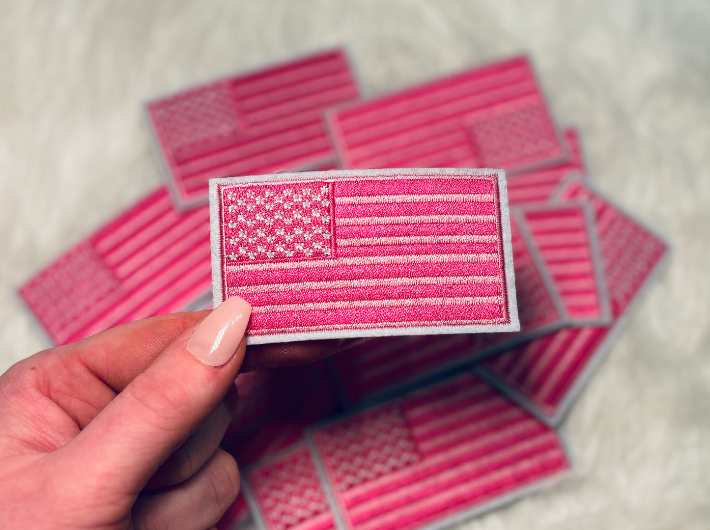 Pink preppy American flag embroidered iron on trucker hat patch