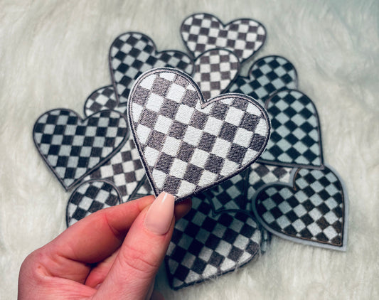 Gray checkered embroidered heart iron on trucker patch