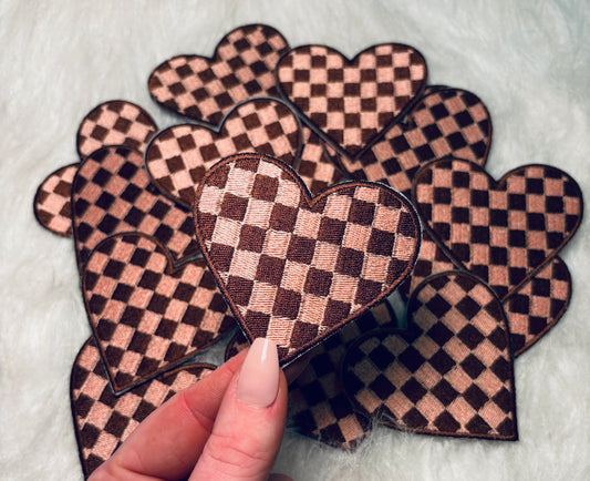 Brown checkered embroidered heart iron on trucker hat patch