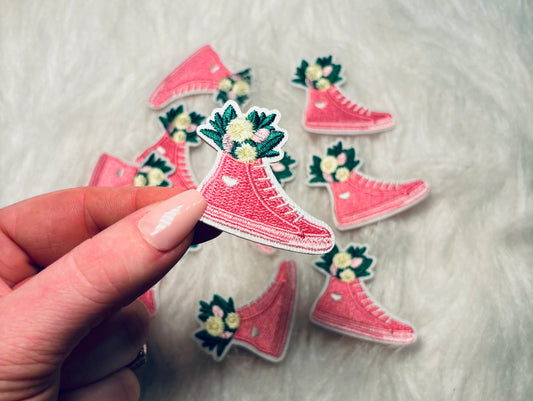 Pink floral converse embroidered iron on trucker hat patch