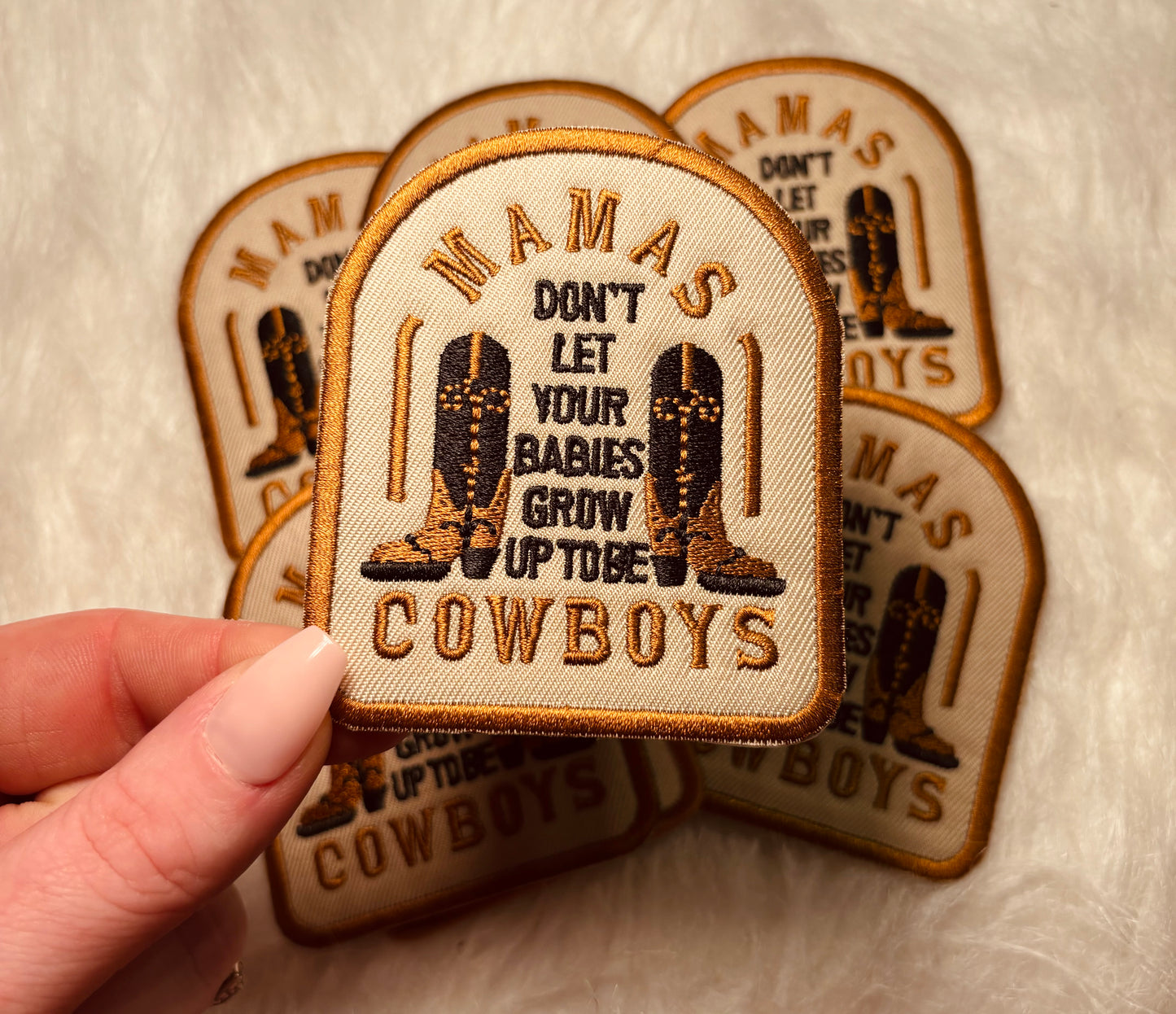 Mamas don’t let your babies grow up to be cowboys embroidered iron on trucker hat patch