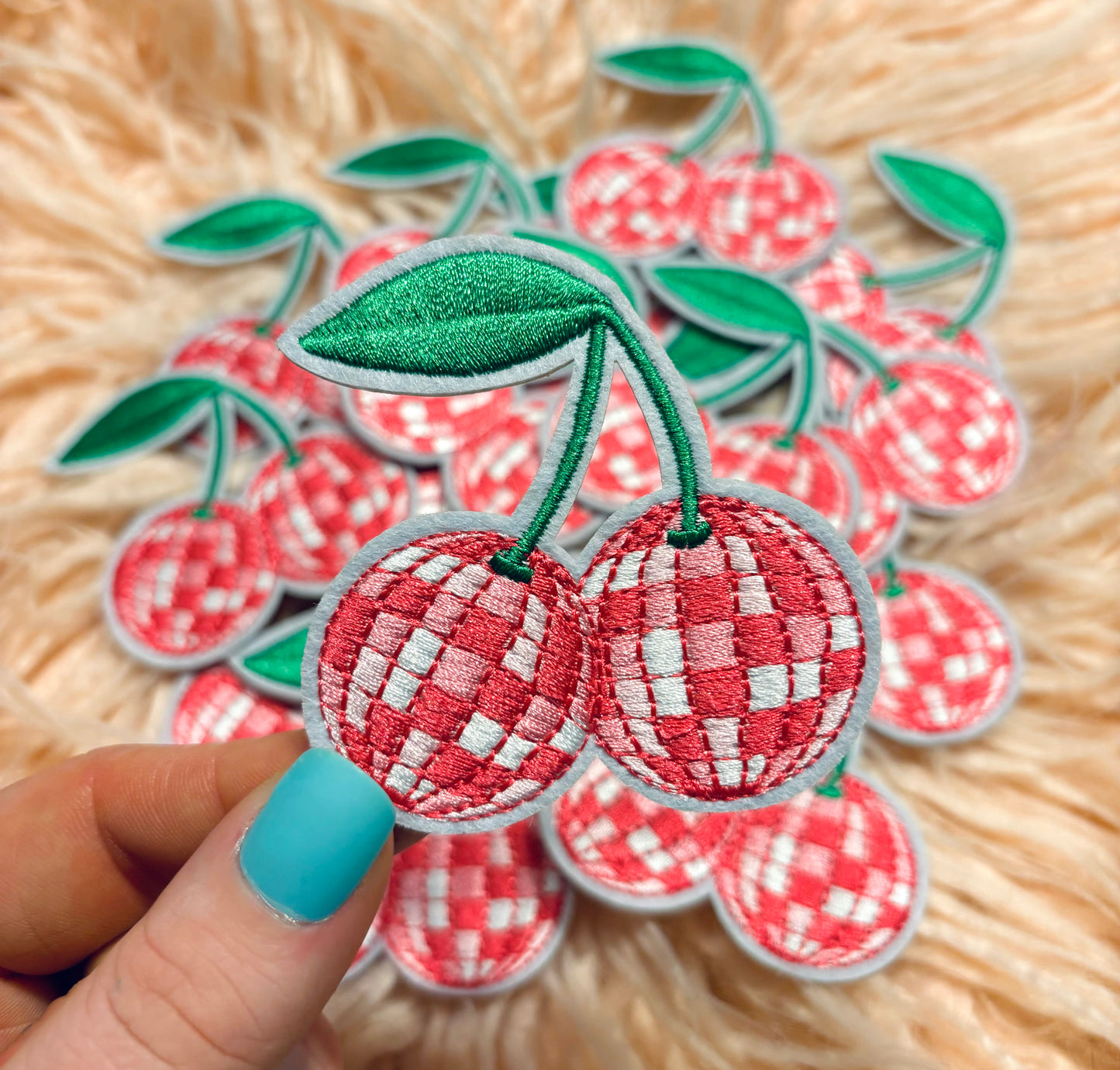 Pink disco cherries embroidered iron on trucker hat patch