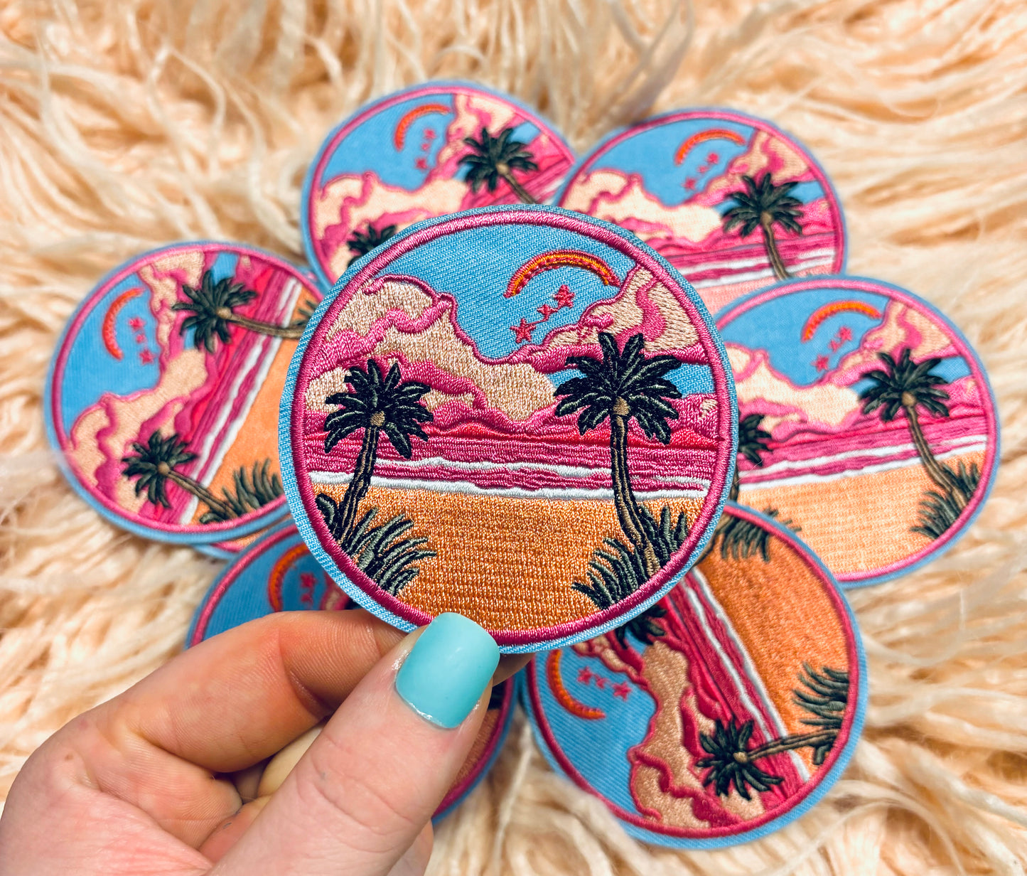 Pink beach palm tree circle summer embroidered iron on trucker hat patch