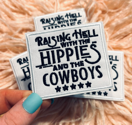 Raising hell with the hippies and the cowboys western embroidered iron on trucker hat patch