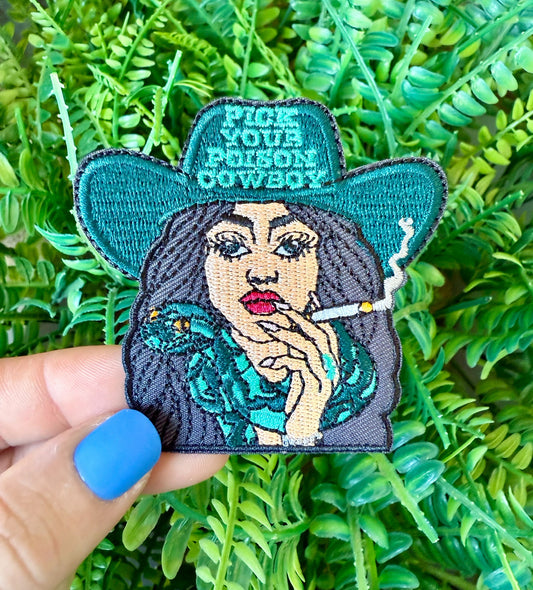Pick your poison cowboy western cowgirl iron on patch