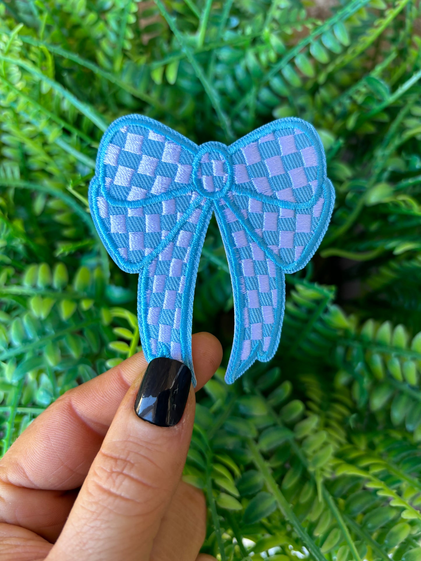 Preppy girly teal checkered bow iron on hat patch