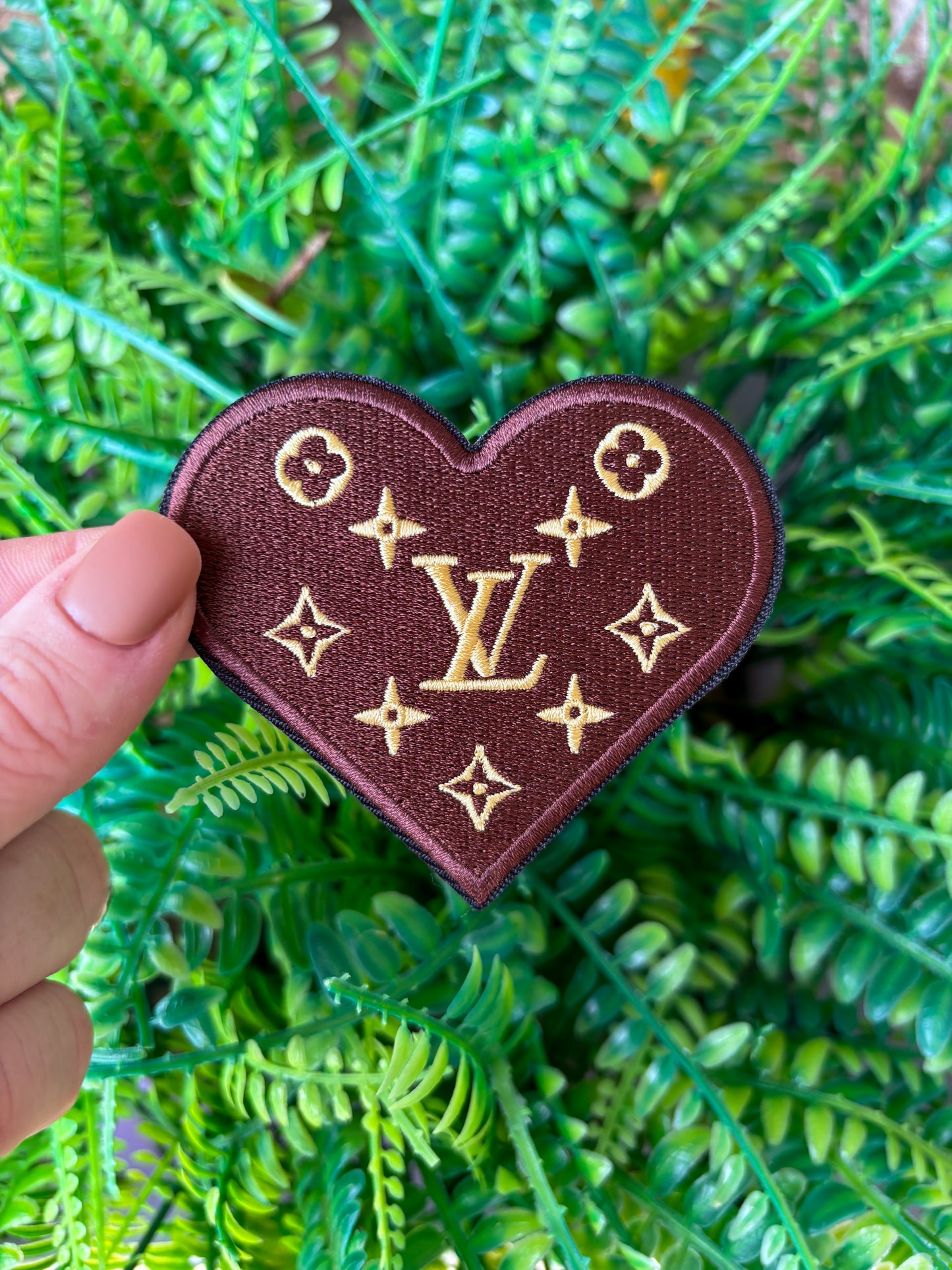 Boujee embroidered LV heart iron on hat patch