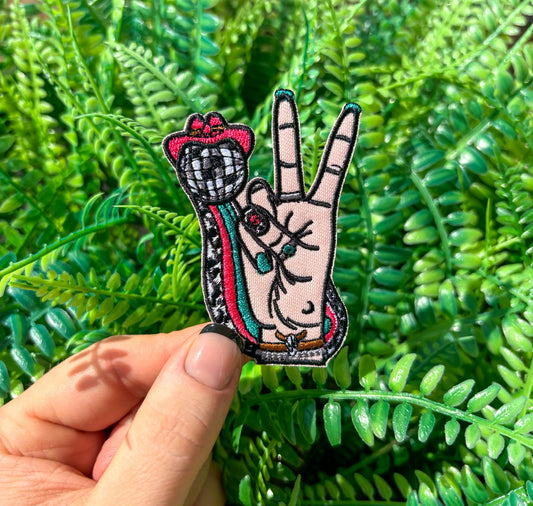 Disco cowgirl western peace sign iron on patch