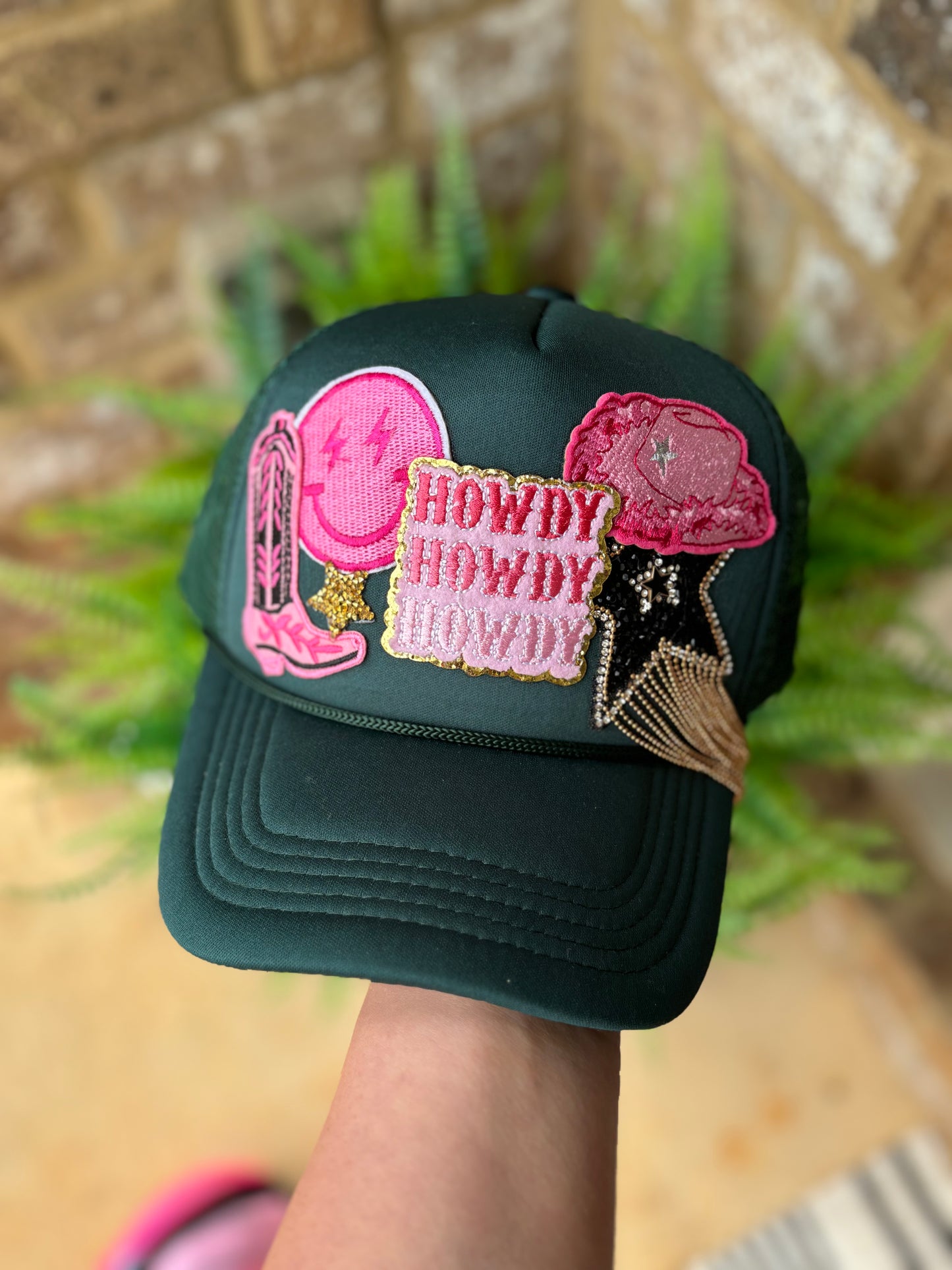 Pink & Preppy Howdy Forrest green trucker hat