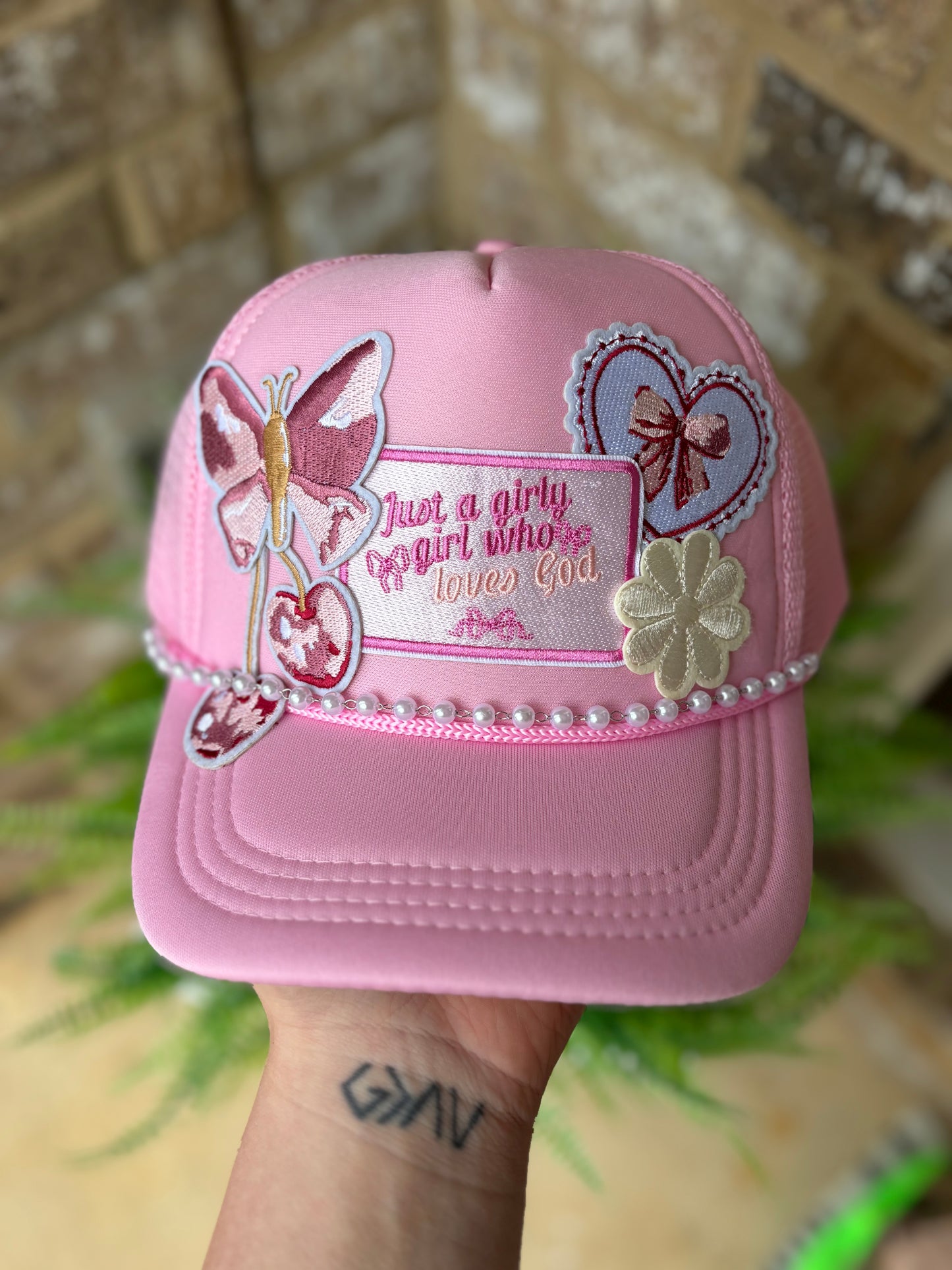 Just a girly who loves god preppy pink trucker