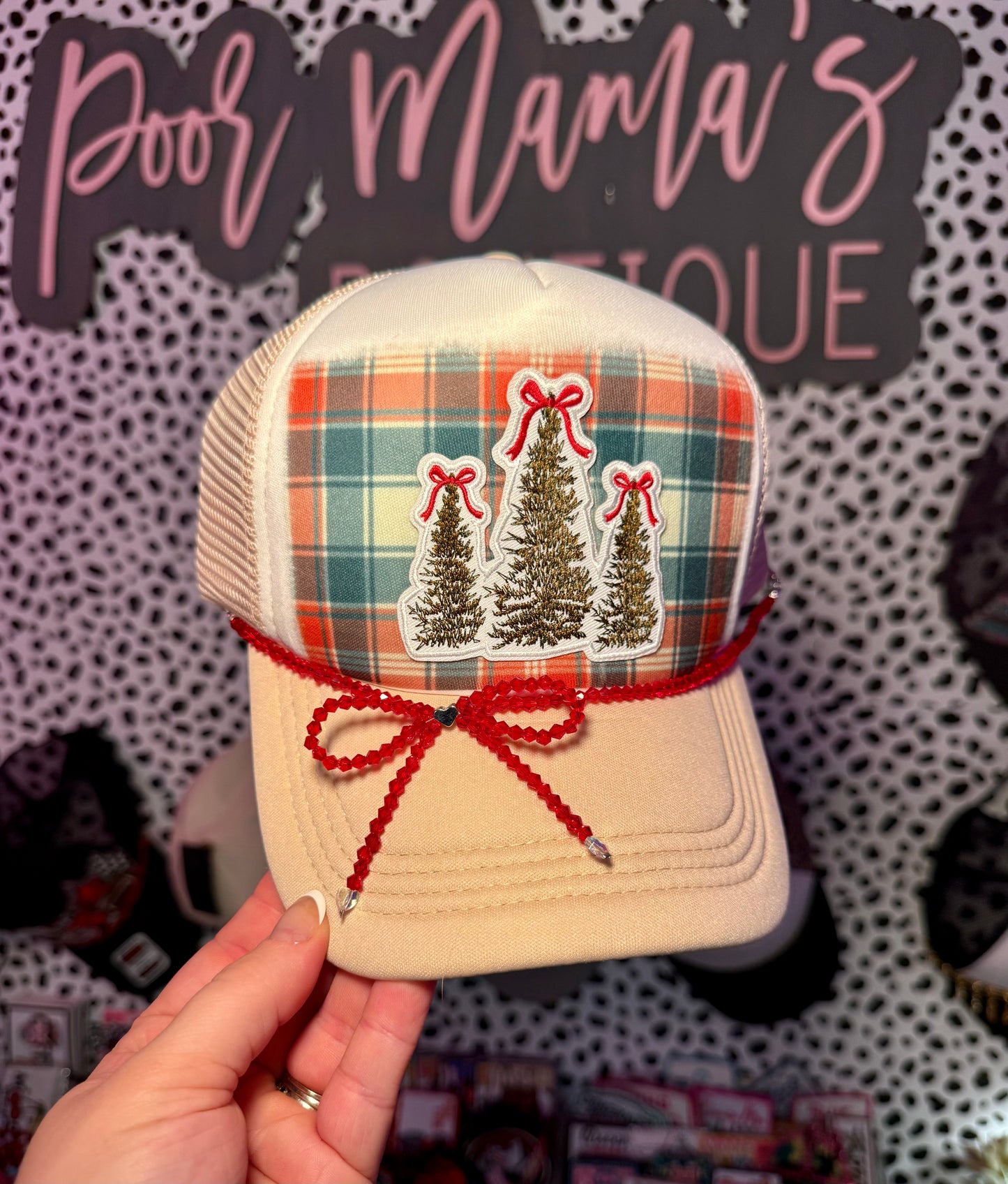 Plaid Coquette Christmas Tree Trio Trucker Hat 🎄 | Holiday Beaded Bow Trucker Hat