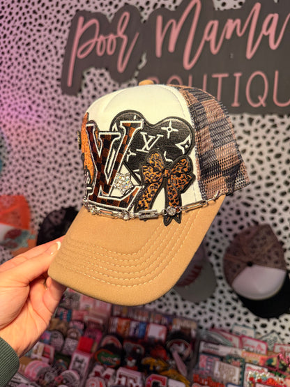 Brown Checkered Lv boujee trucker hat