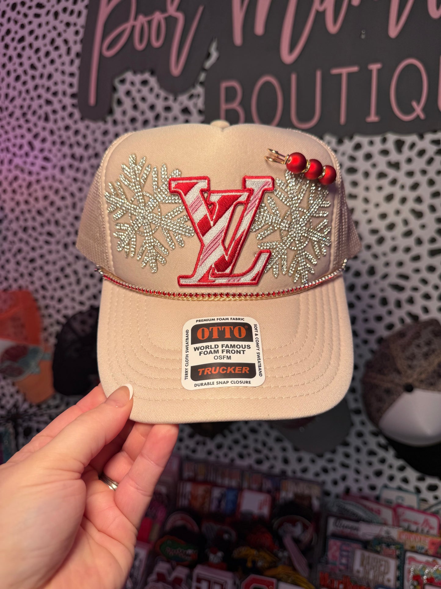Lv peppermint boujee Christmas trucker hat