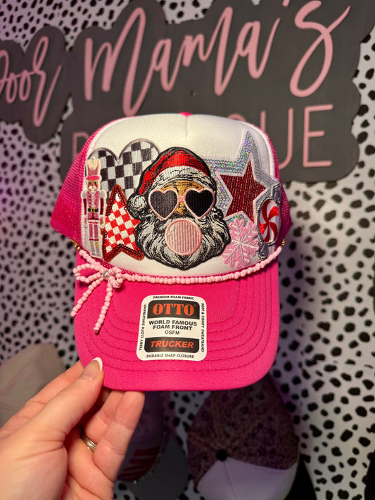 Boujee Bubblegum Santa Christmas Trucker Hat | Pink Holiday Patch Hat