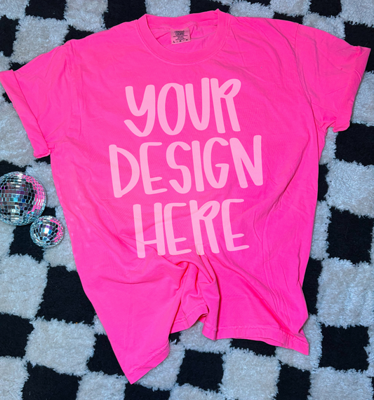 Comfort color neon pink short sleeve t-shirt flat lay mock up