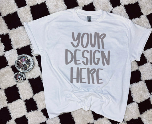 Gildan unisex white short sleeve retro checkered flat lay tshirt mock up