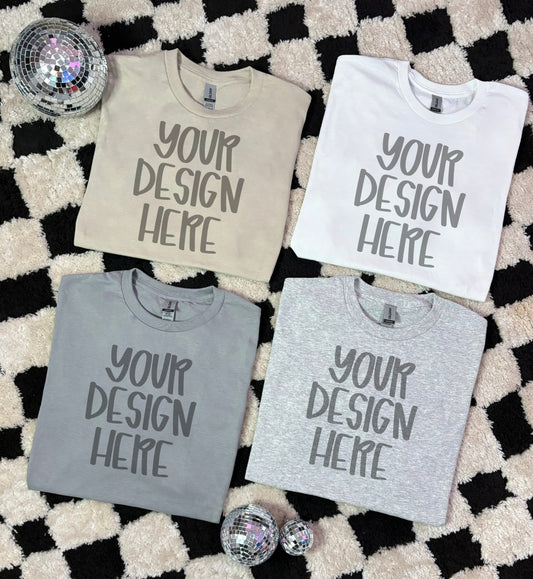 Gildan unisex white, sand, ash & gravel short sleeve flat lay multi shirt mock up